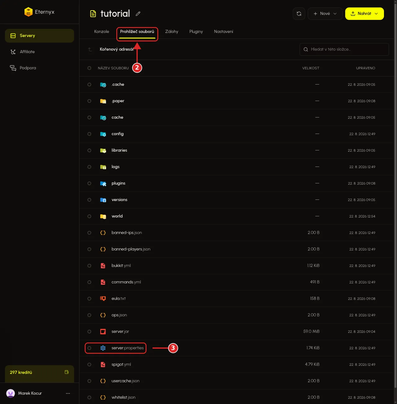 Záložka Prohlížeč souborů v panelu Minecraft serveru
