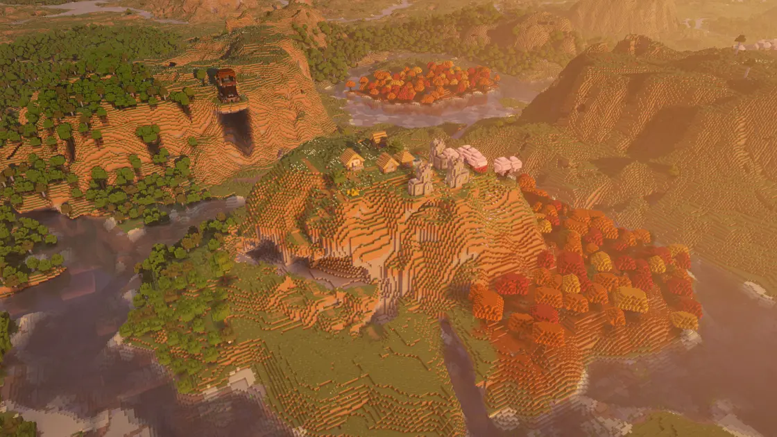 Vesnice na hoře obklopená Dappled Forest přímo na spawnu