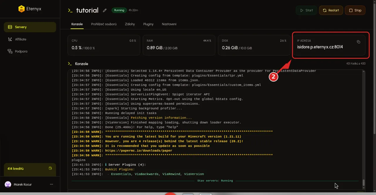 Karta IP ADRESA s celou adresou isidore.p.eternyx.cz:8014 na záložce Konzole Minecraft serveru tutorial v Eternyx dashboardu