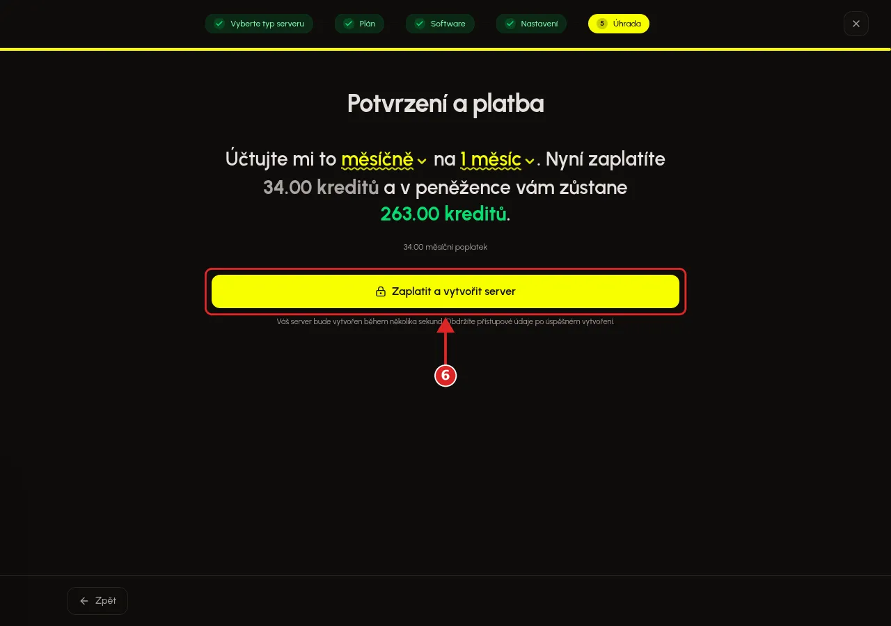 Tlačítko Zaplatit a vytvořit server v posledním kroku průvodce