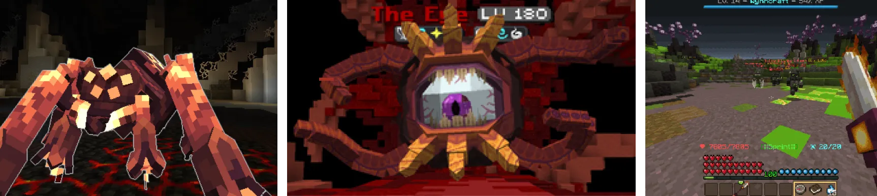 Wynncraft bossové Magma Spider a The Eye LV 180 plus RPG HUD