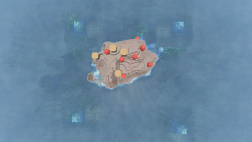 Screenshot seedu Čtyři Ocean Monumenty pár bloků od sebe s Mushroom Islandem