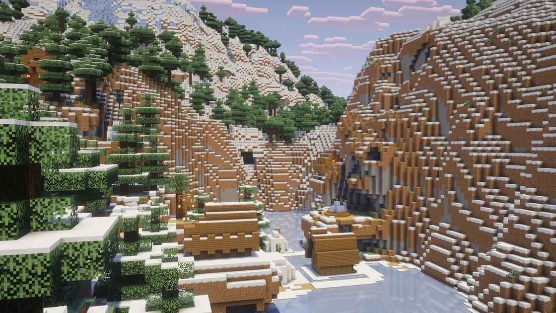 Vánoční zimní seed: tři zasněžené vesnice nad biomem Ice Spikes