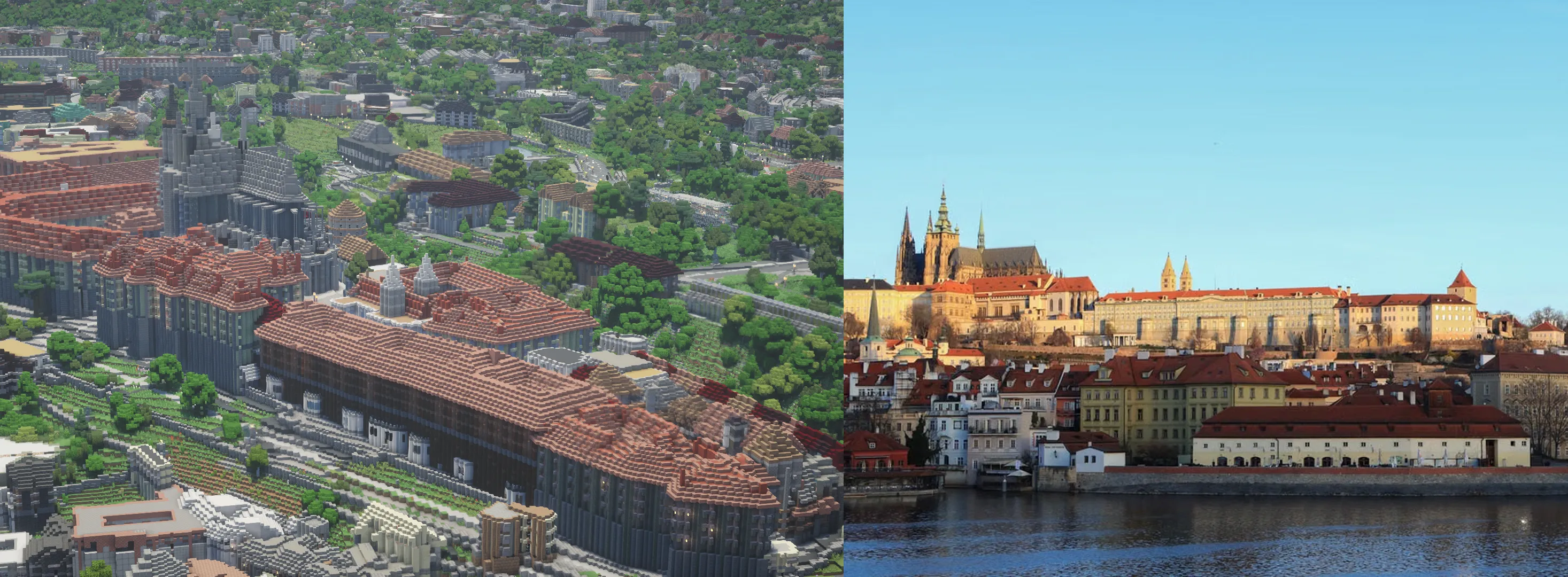 Pražský hrad s katedrálou svatého Víta v Minecraftu a ve skutečnosti