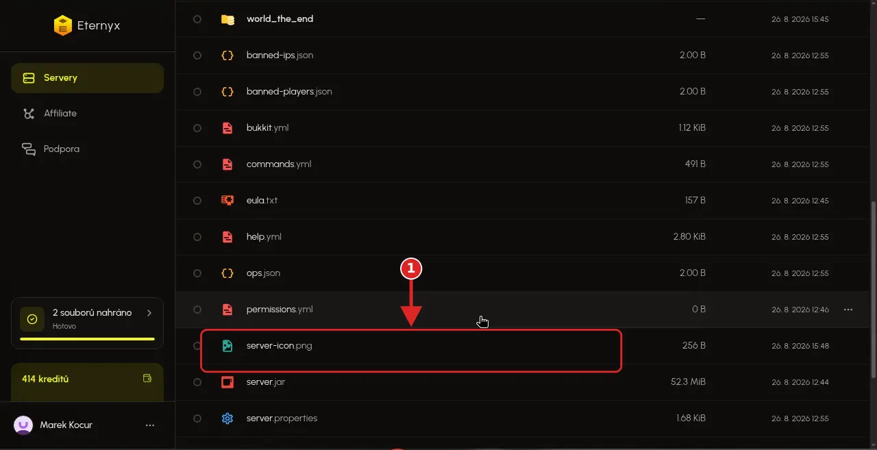 Soubor server-icon.png v kořeni vedle server.properties v Prohlížeči souborů