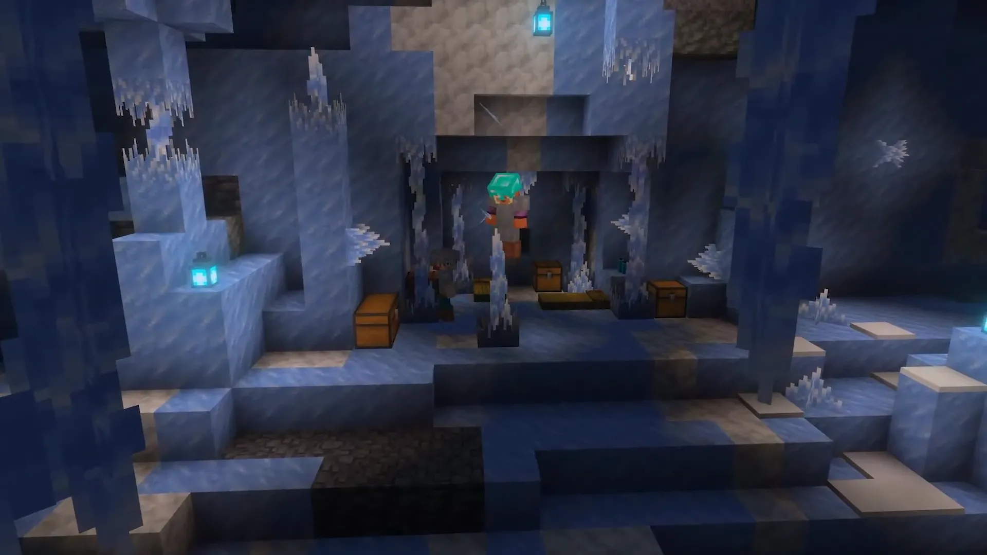 Základna v Ice Caves s ledovými krystaly, soul lanterny a hráčem v diamond helmě