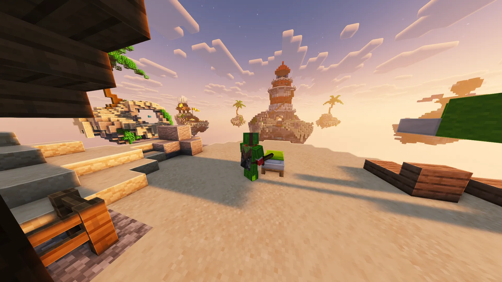 Hypixel BedWars mapa s limetkovou postelí, majákem a floating ostrovy