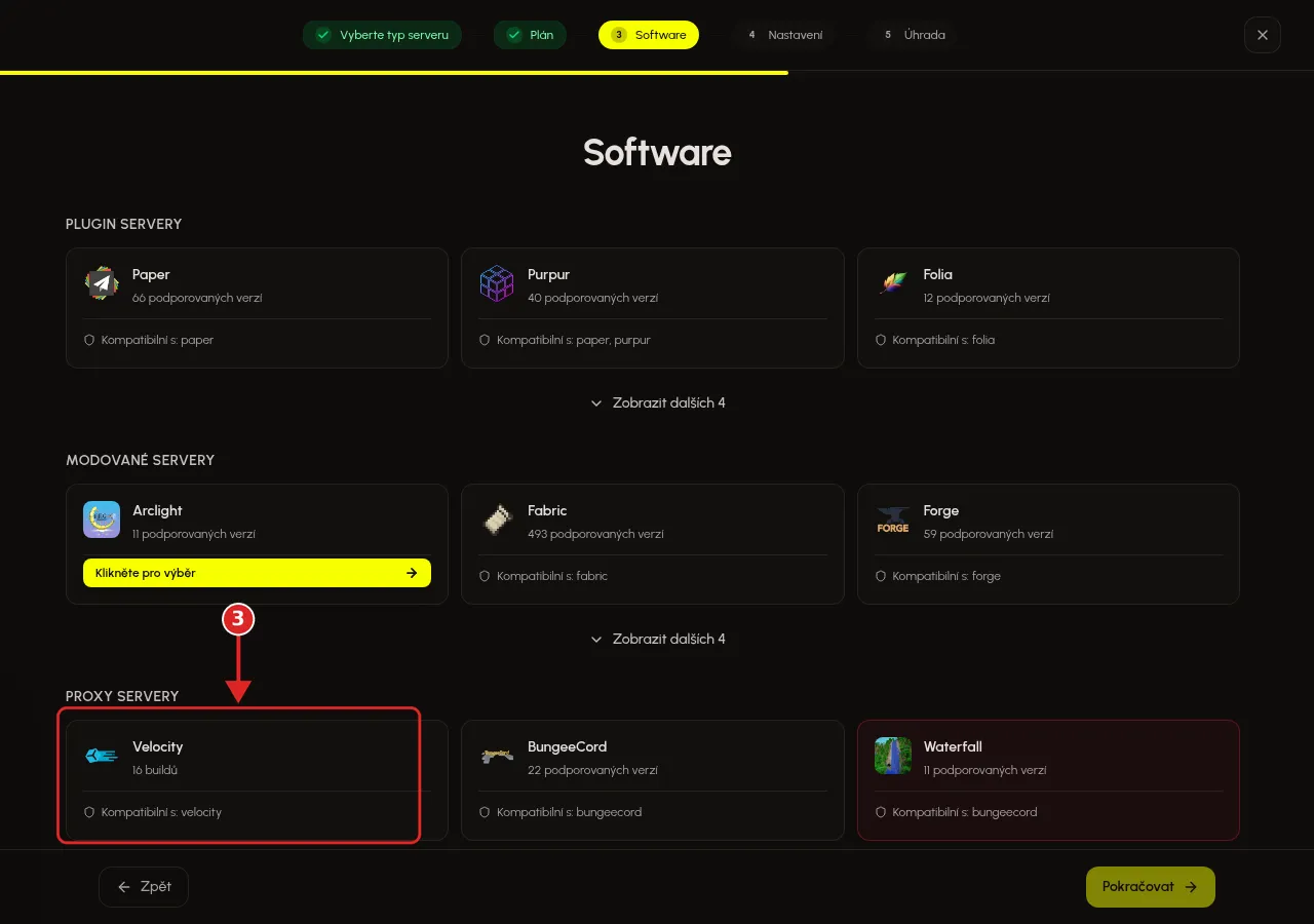 Karta Velocity ve skupině PROXY SERVERY při vytváření serveru