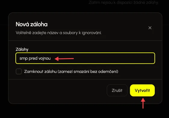 Vytváření zálohy v Eternyx dashboardu