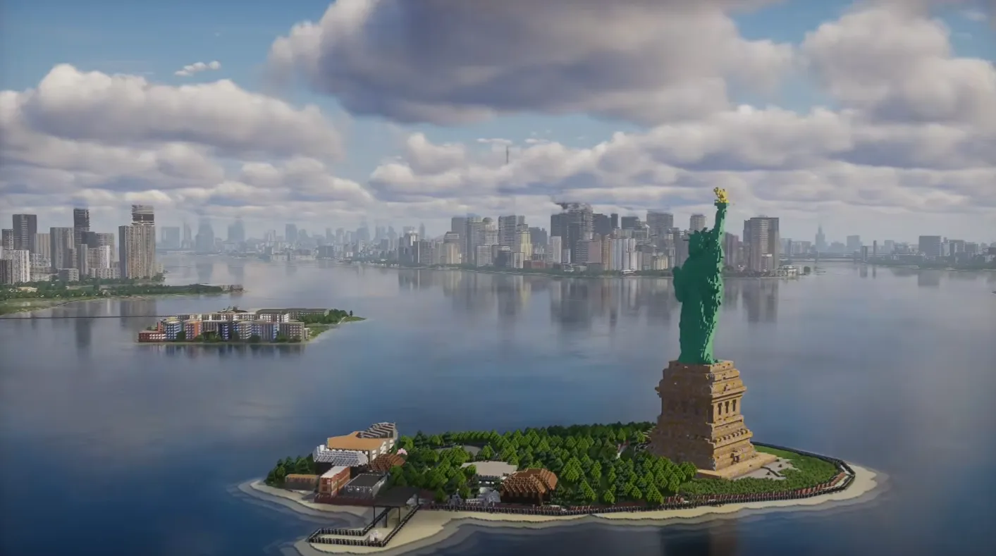 Socha Svobody a mrakodrapy New Yorku vygenerované v Minecraftu pomocí Arnisu