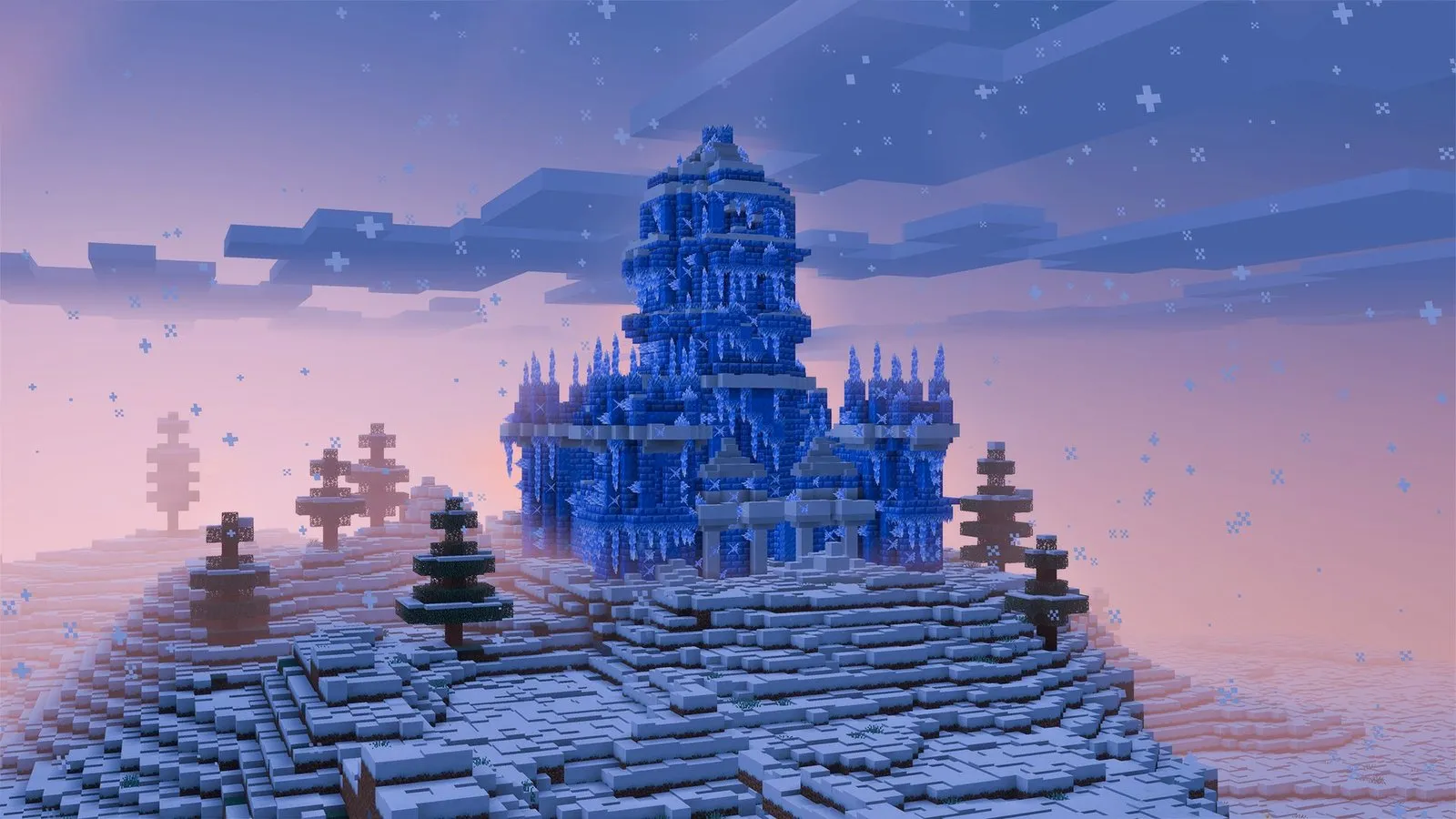 Modrý ledový hrad postavený z Packed Ice Bricks na zasněženém kopci