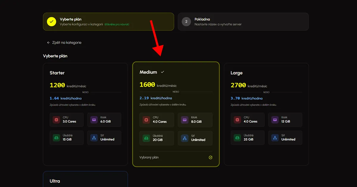 Výběr Hytale balíčku v Eternyx dashboardu