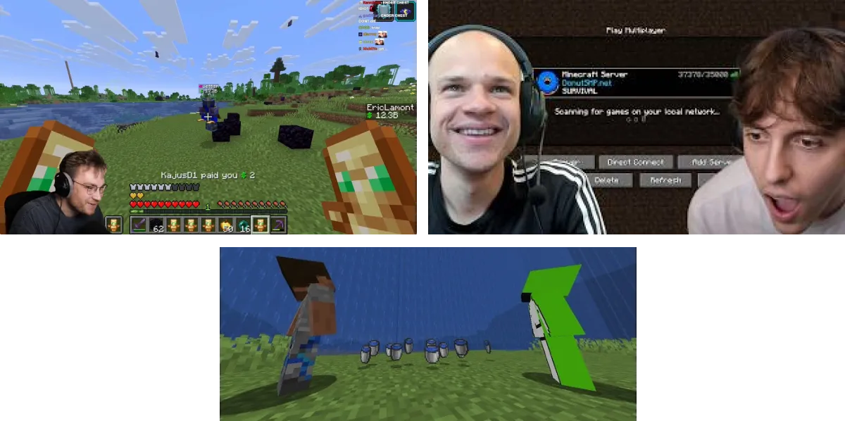 Koláž DonutSMP: survival s totemy, menu donutsmp.net a Dream vedle Steva