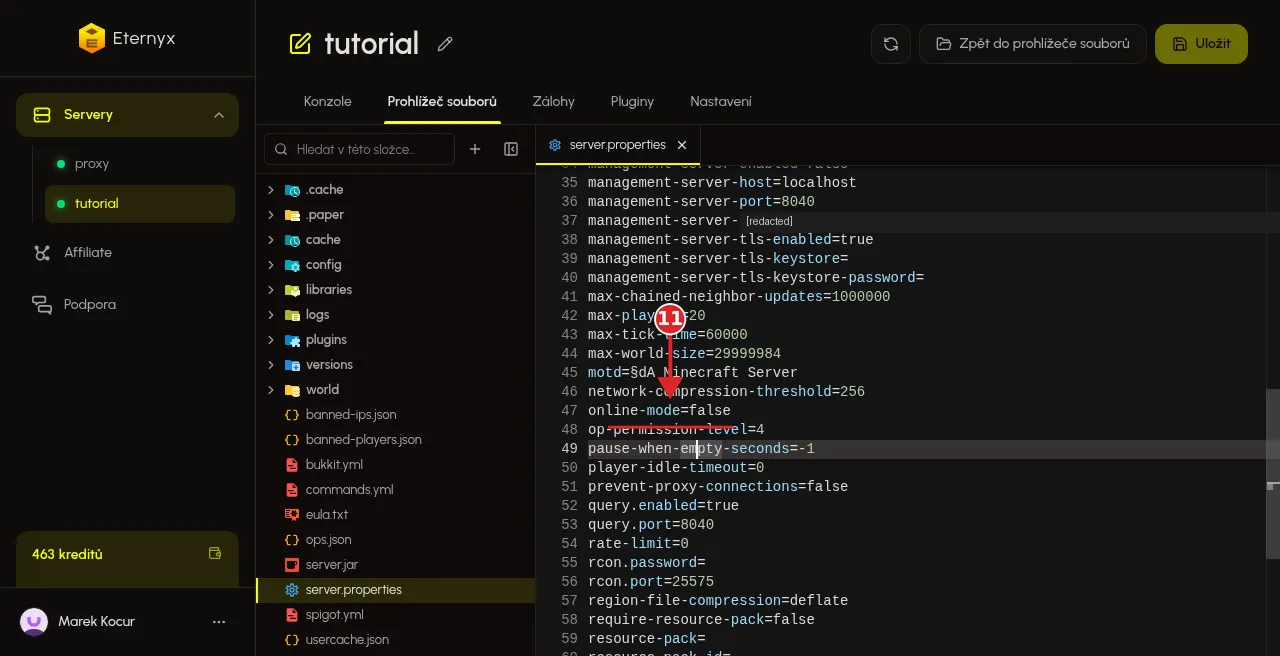 Řádek online-mode=false v server.properties na backendu tutorial