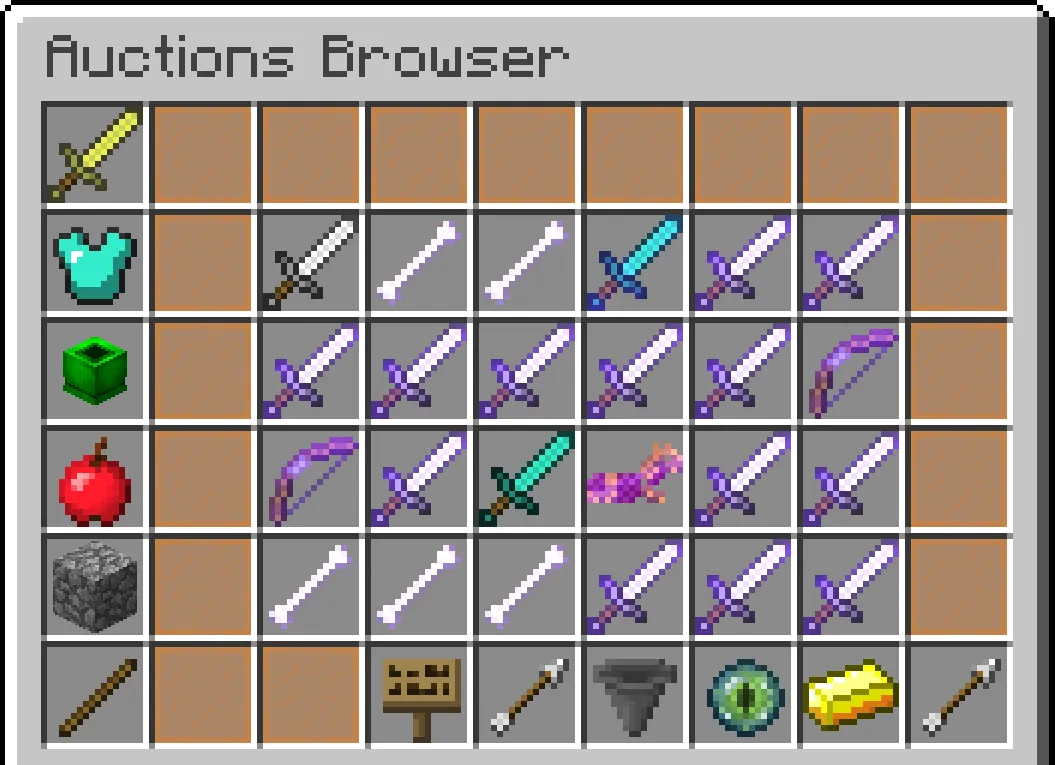 Hypixel SkyBlock Auctions Browser s zbraněmi a filtry v inventáři