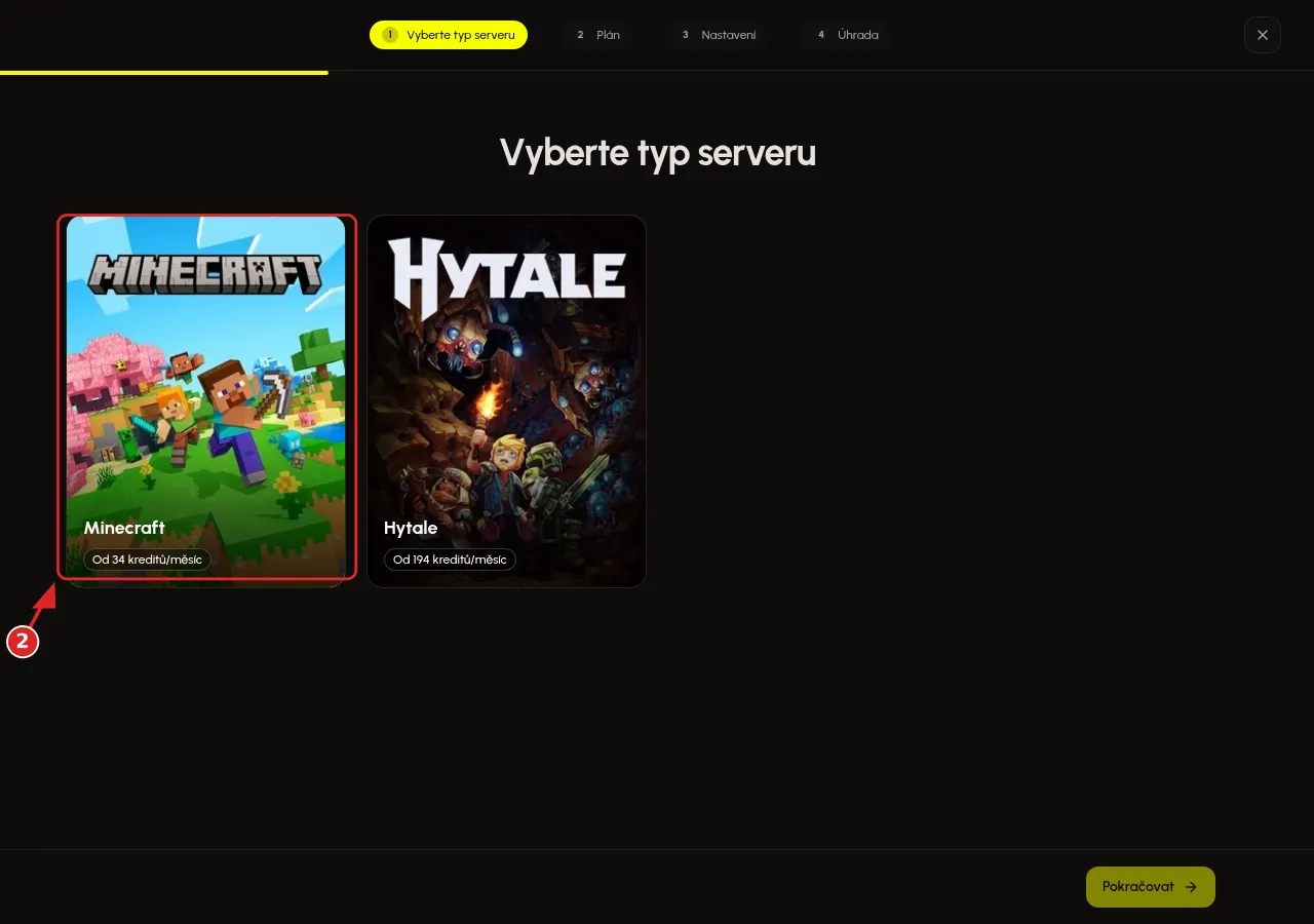 Karta Minecraft v prvním kroku vytvoření serveru