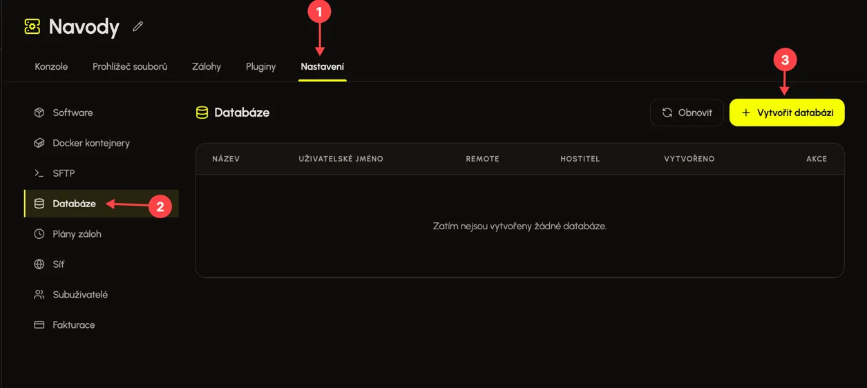 Kde najít vytvoření databáze v Eternyx panelu