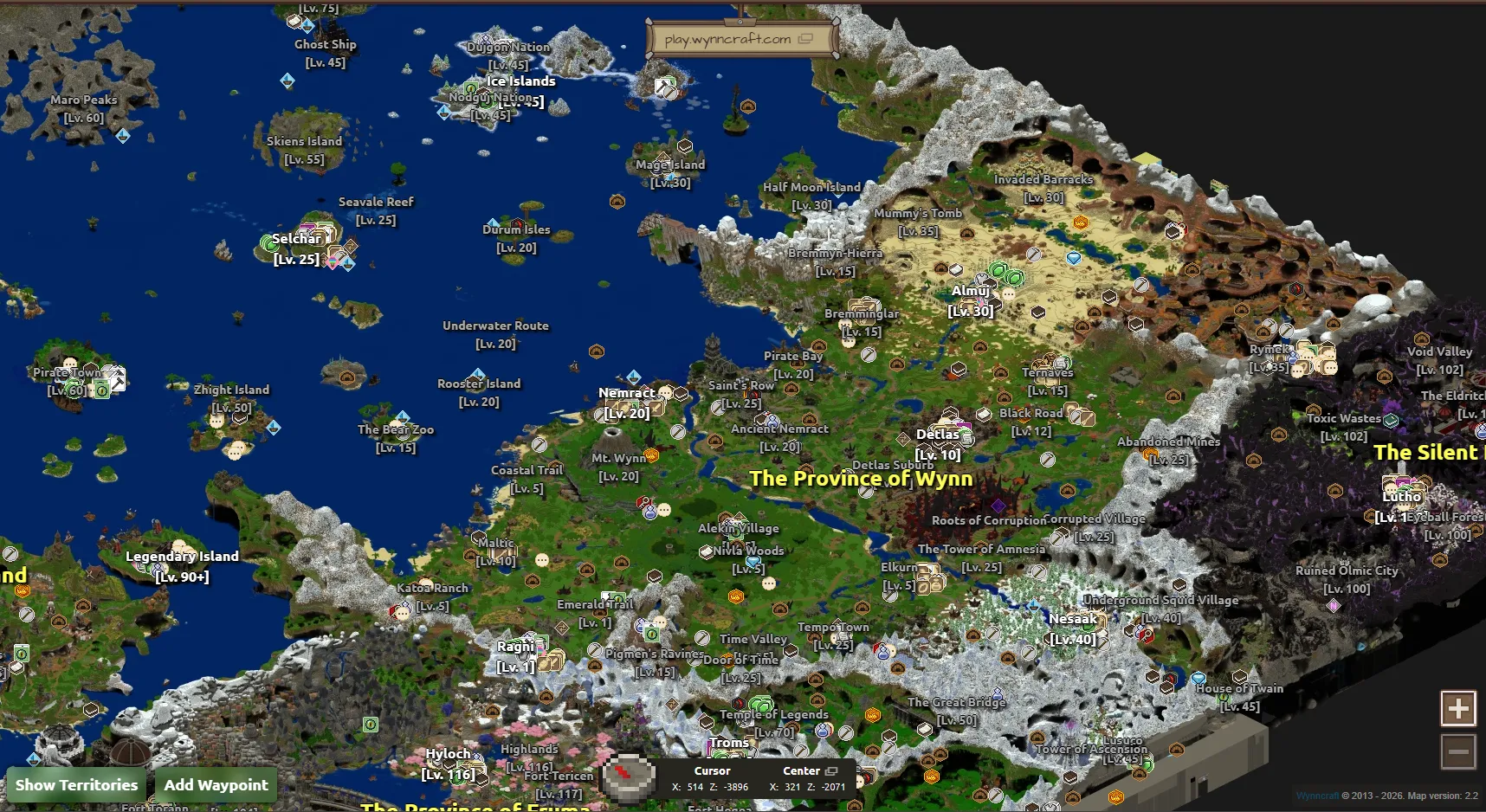 Mapa Wynncraftu s provinciemi Wynn, Fruma, Silent Expanse a městy