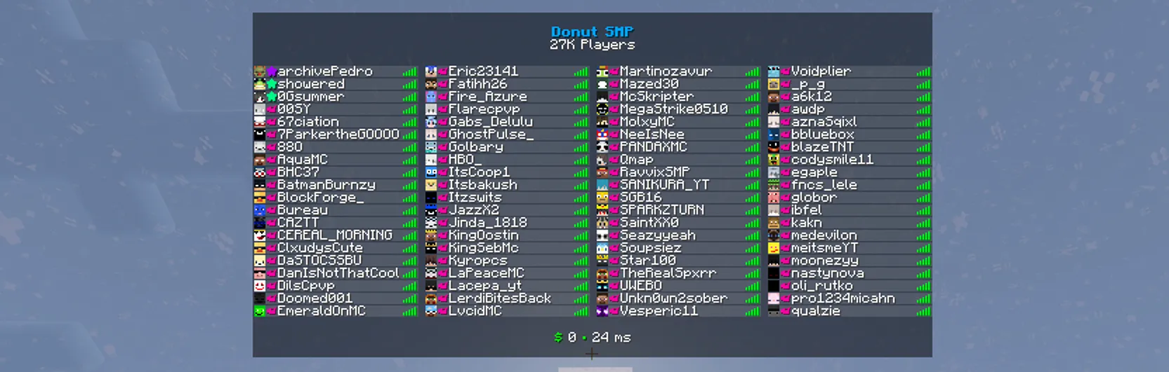 Tab list DonutSMP s 27K hráči a avatary online hráčů