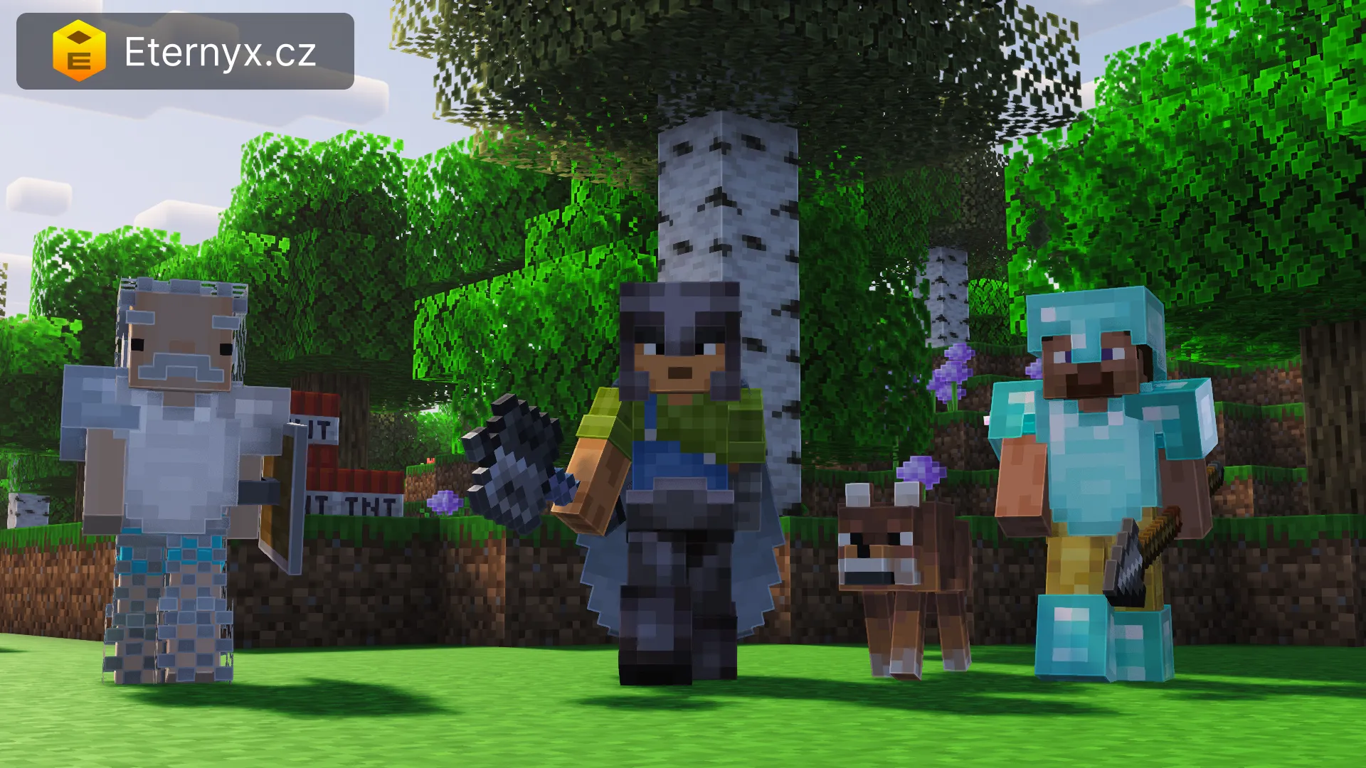 Tři Minecraft hráči a vlk v březovém lese s logem Eternyx.cz