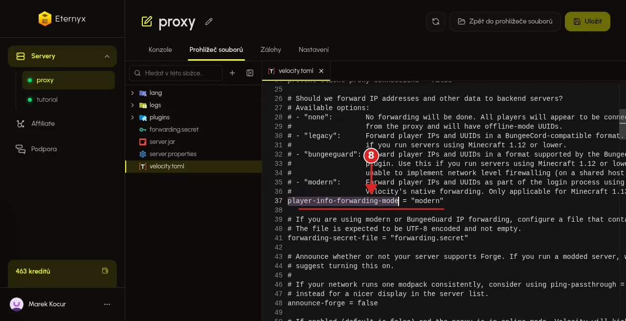 Řádek player-info-forwarding-mode = modern v souboru velocity.toml
