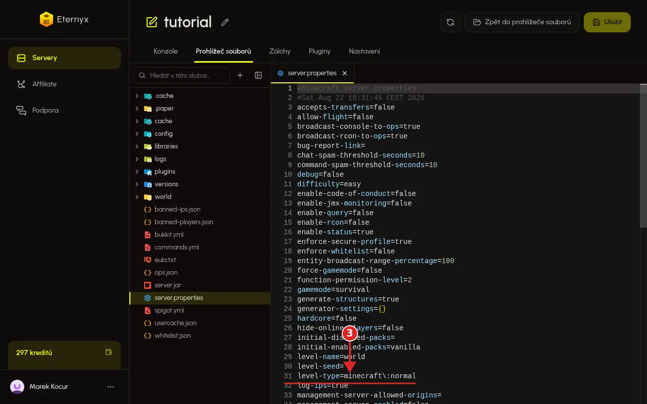 Řádek level-type v souboru server.properties v editoru Eternyx dashboardu