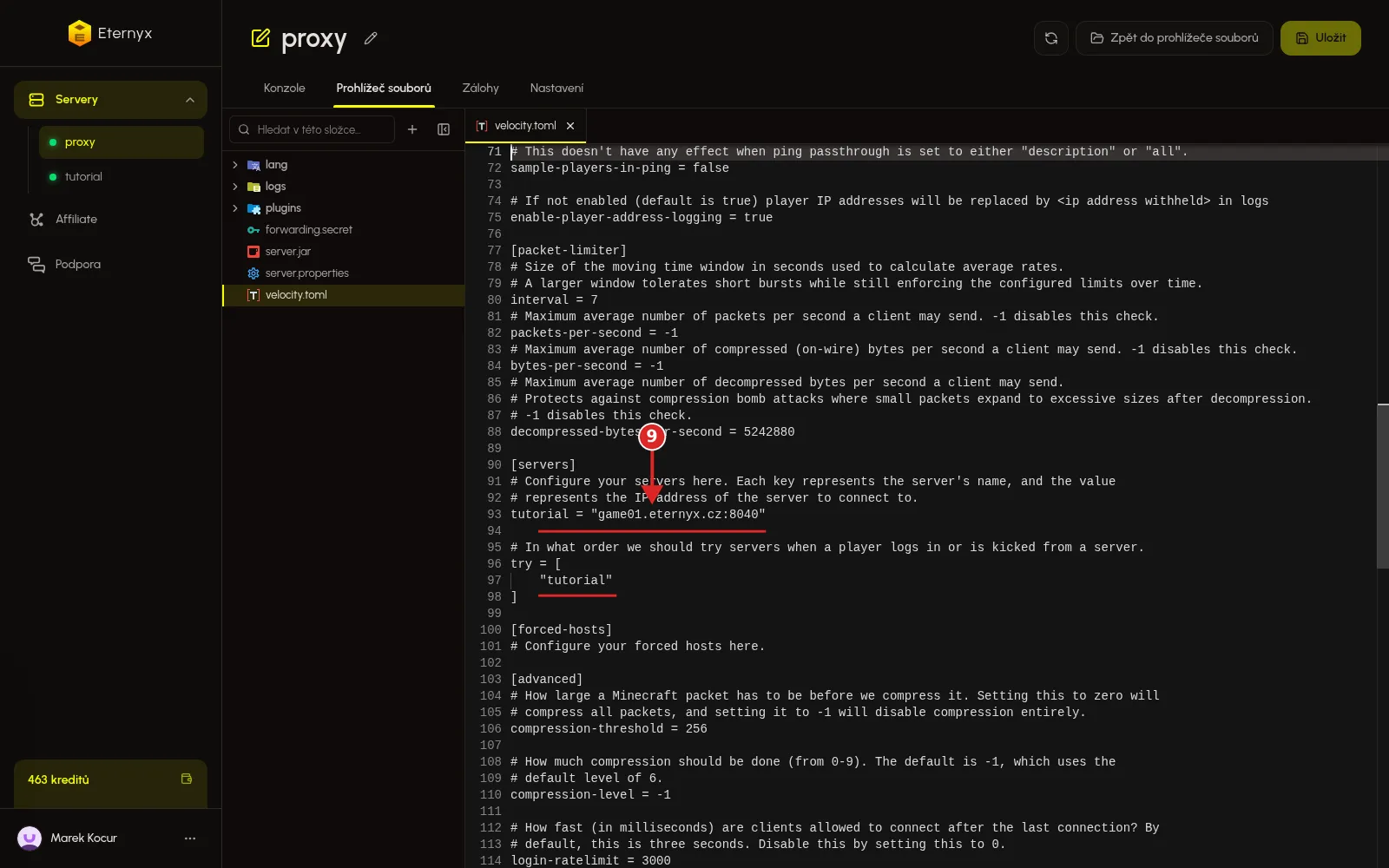 Řádky tutorial a try v sekci servers v souboru velocity.toml