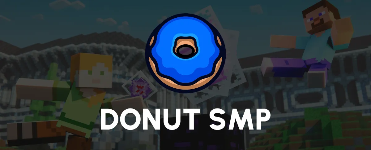 Banner DonutSMP s modrým donutem, Alex a Steve před arénou