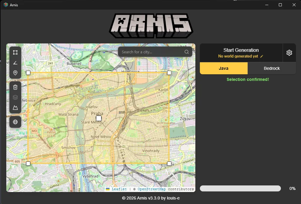 Výběr centra Prahy na mapě v aplikaci Arnis
