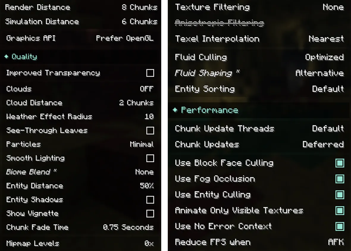 Sodium Video Settings Quality a Performance s nízkými hodnotami pro vyšší FPS