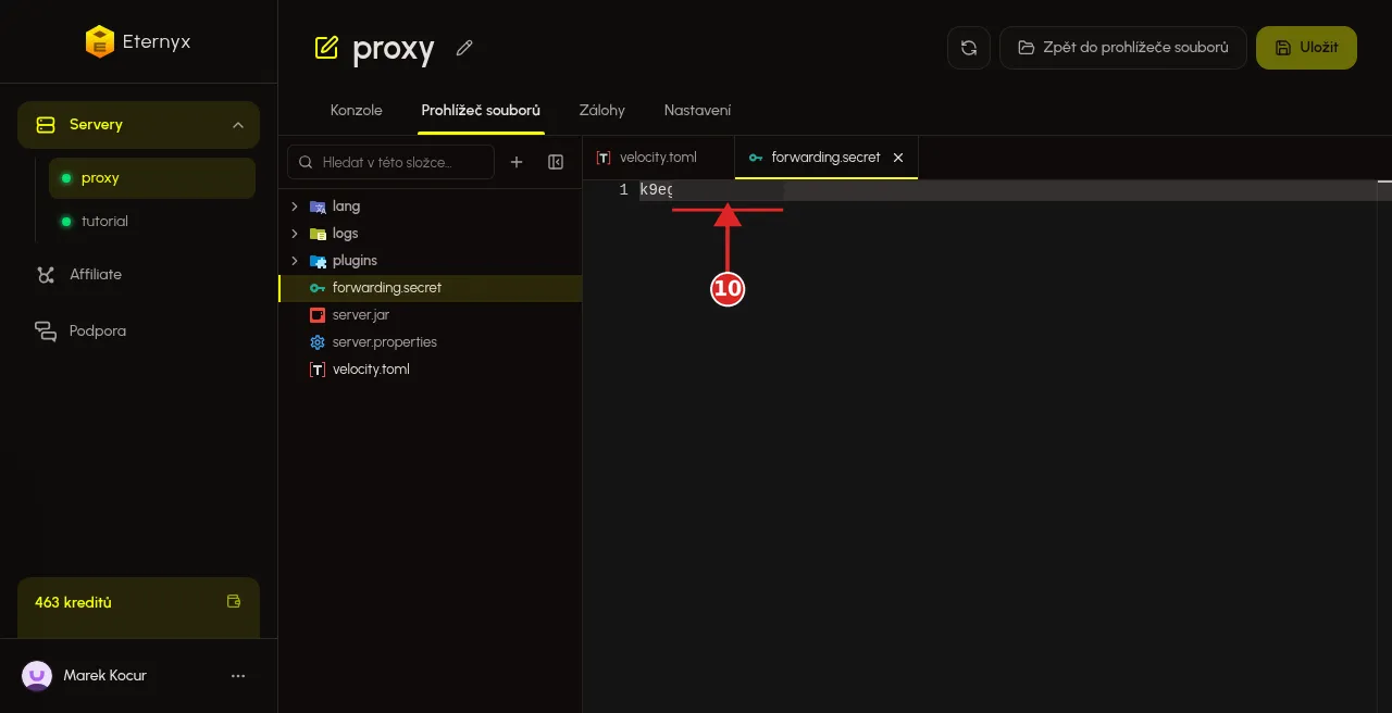 Otevřený soubor forwarding.secret v editoru proxy