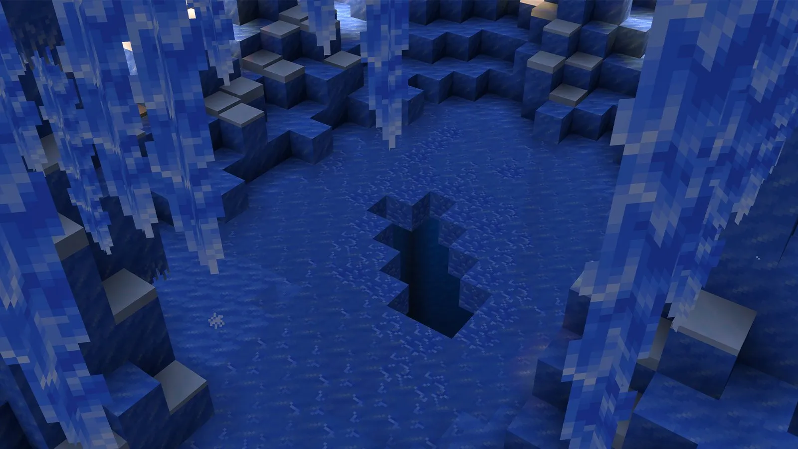 Úzká trhlina v ledu uprostřed Ice Cave v Minecraftu