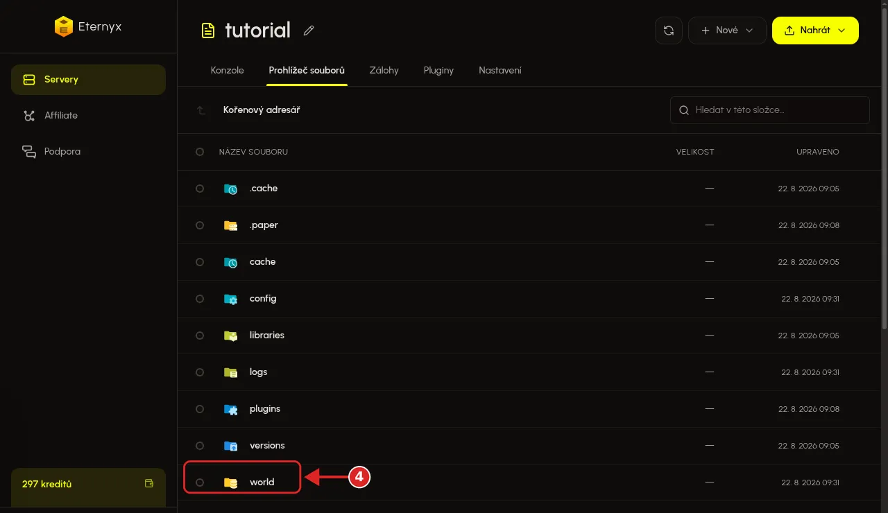 Složka world v prohlížeči souborů Eternyx dashboardu