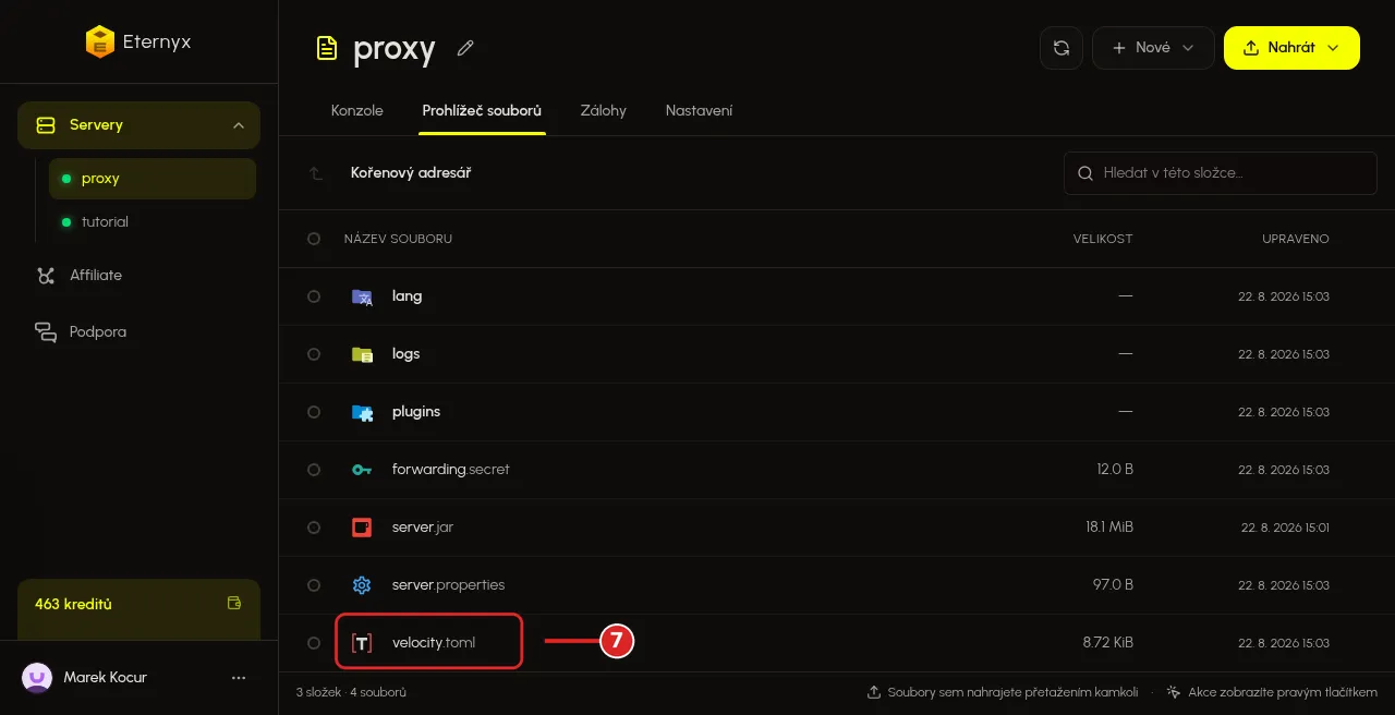 Soubor velocity.toml v prohlížeči souborů proxy