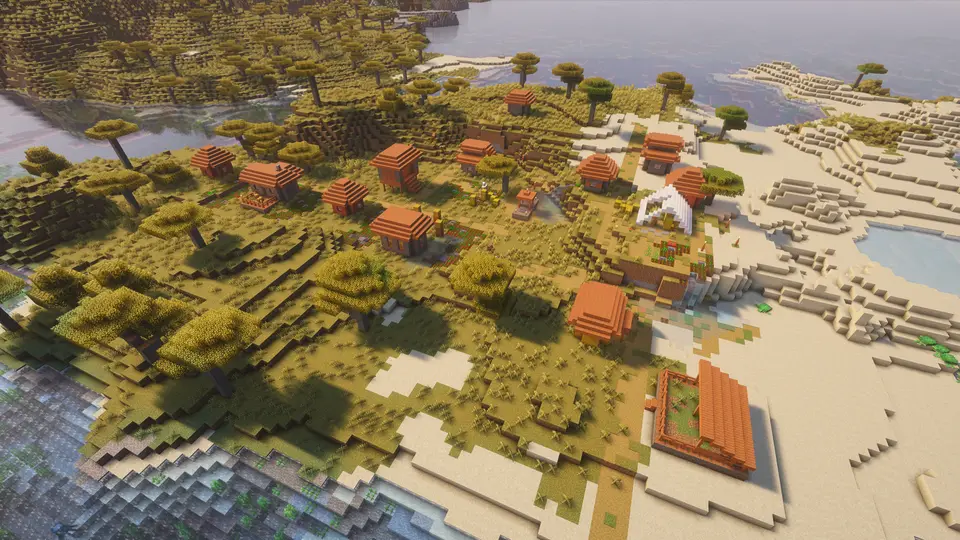 Screenshot seedu Vesnice, Pillager Outpost, Mineshaft a Trial Chambers hned u spawnu