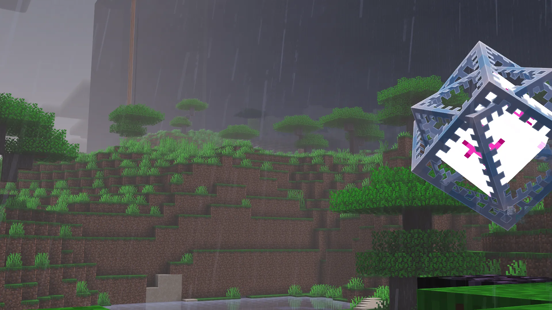 Minecraft savanna v dešti s End Crystal a lávou na útesu na DonutSMP