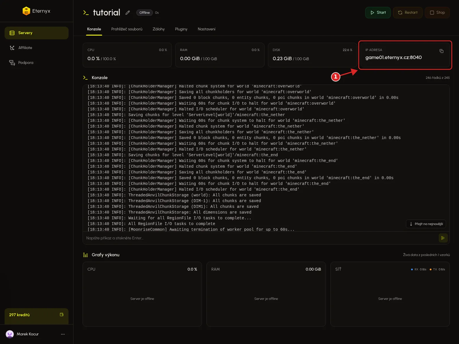 Karta IP ADRESA na konzoli Minecraft serveru tutorial v Eternyx dashboardu