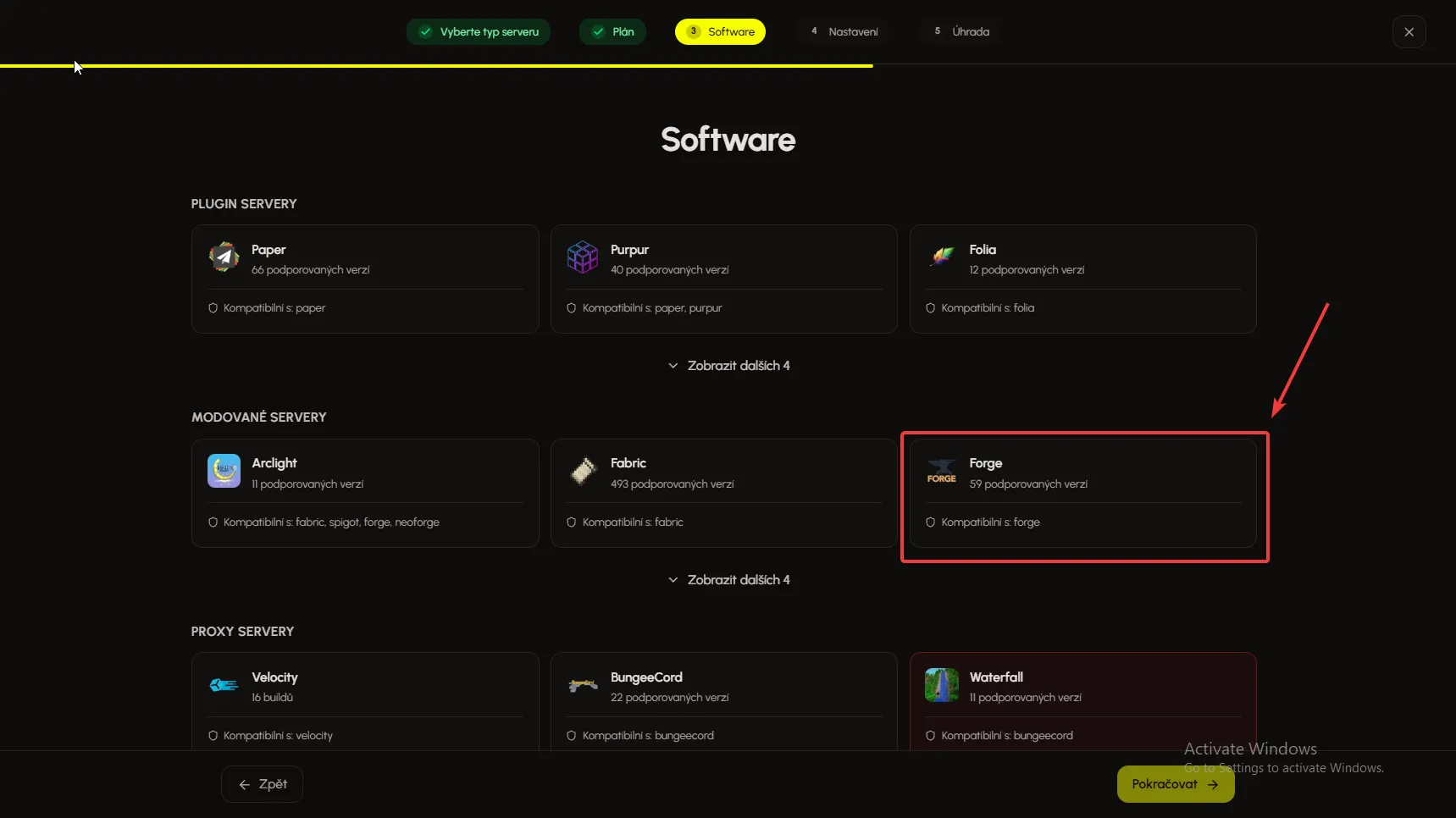 Výběr Forge v nabídce serverového softwaru