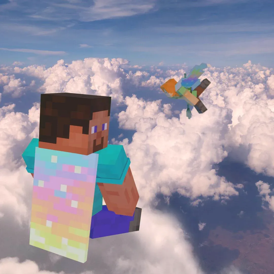 Aurora Cape v Minecraftu, ukázka pláště na hráči s nasazenou elytrou