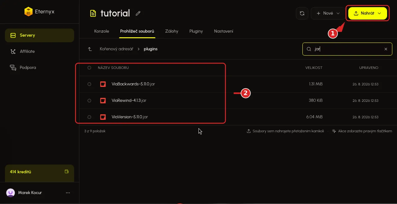 Složka plugins s ViaVersion, ViaBackwards a ViaRewind