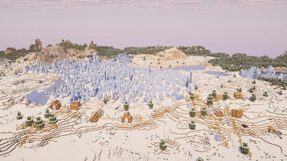 Screenshot seedu Vánoční zimní seed: tři zasněžené vesnice nad biomem Ice Spikes