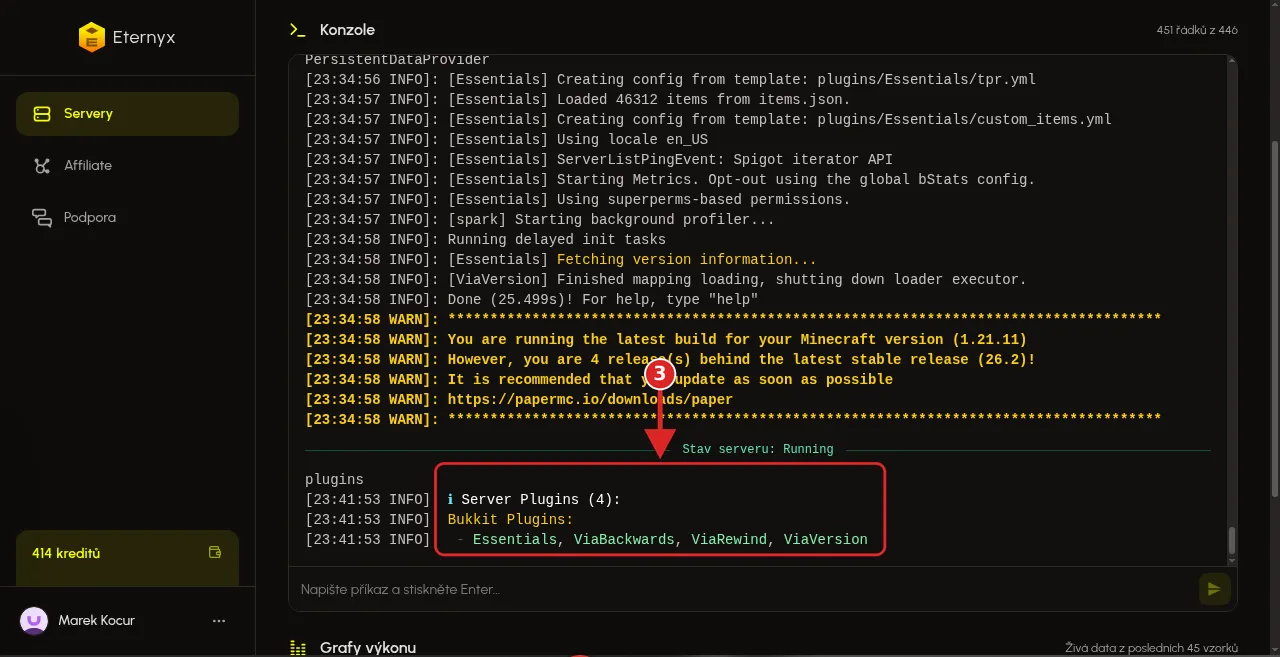 Výstup příkazu plugins se zeleným Essentials, ViaBackwards, ViaRewind a ViaVersion v Konzoli