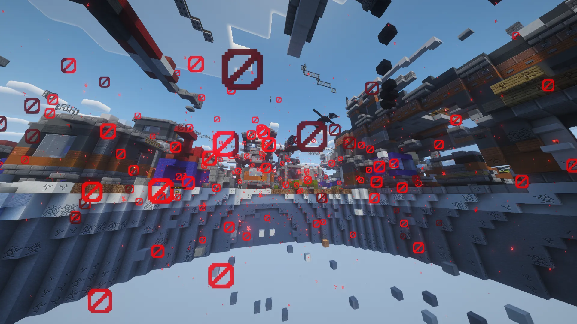Hypixel Disasters floating mapa s industriálními budovami a barrier bloky