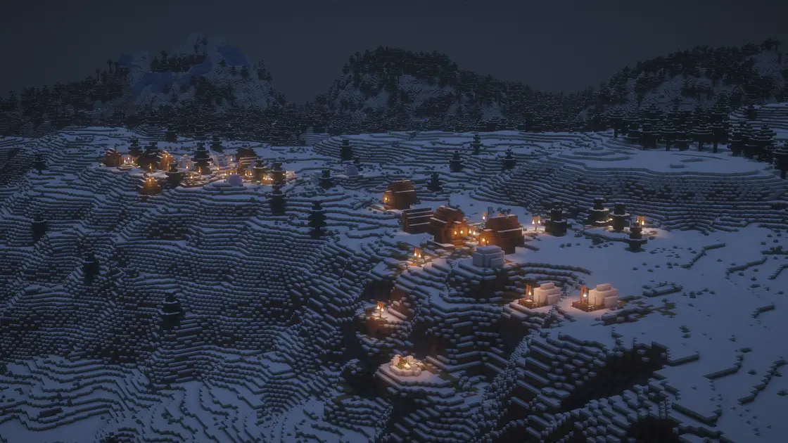 Vánoční zimní seed: tři zasněžené vesnice nad biomem Ice Spikes
