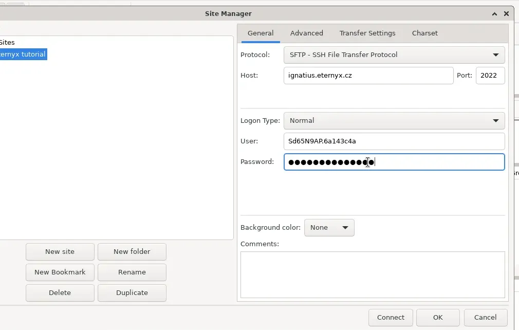 FileZilla Site Manager s protokolem SFTP, hostem ignatius.eternyx.cz a portem 2022