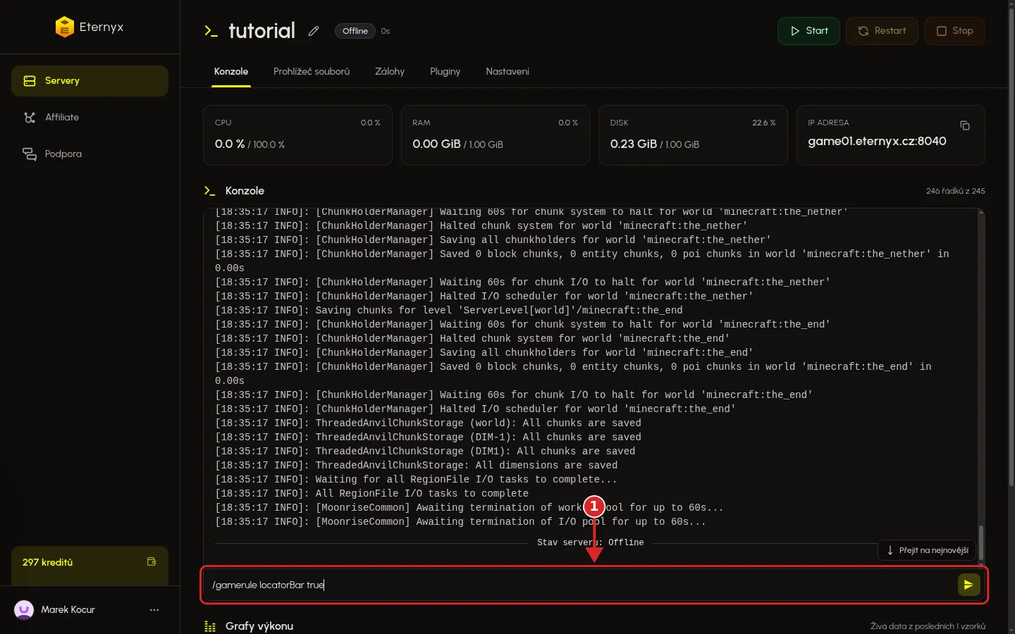 Příkaz /gamerule locatorBar true v konzoli Minecraft serveru tutorial v Eternyx dashboardu