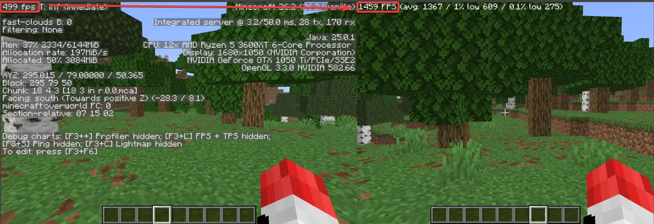 Porovnání F3 FPS po módech 499 FPS versus 1459 FPS v Minecraftu