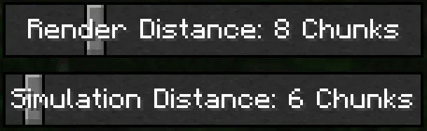 Minecraft nastavení Render Distance 8 chunků a Simulation Distance 6 chunků