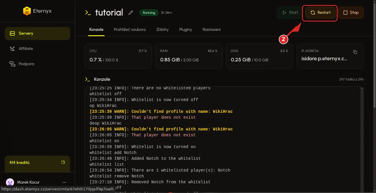 Tlačítko Restart v hlavičce Minecraft serveru tutorial v Eternyx dashboardu