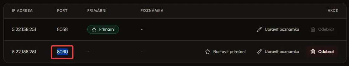 Přidělený port pro Simple Voice Chat v nastavení sítě serveru
